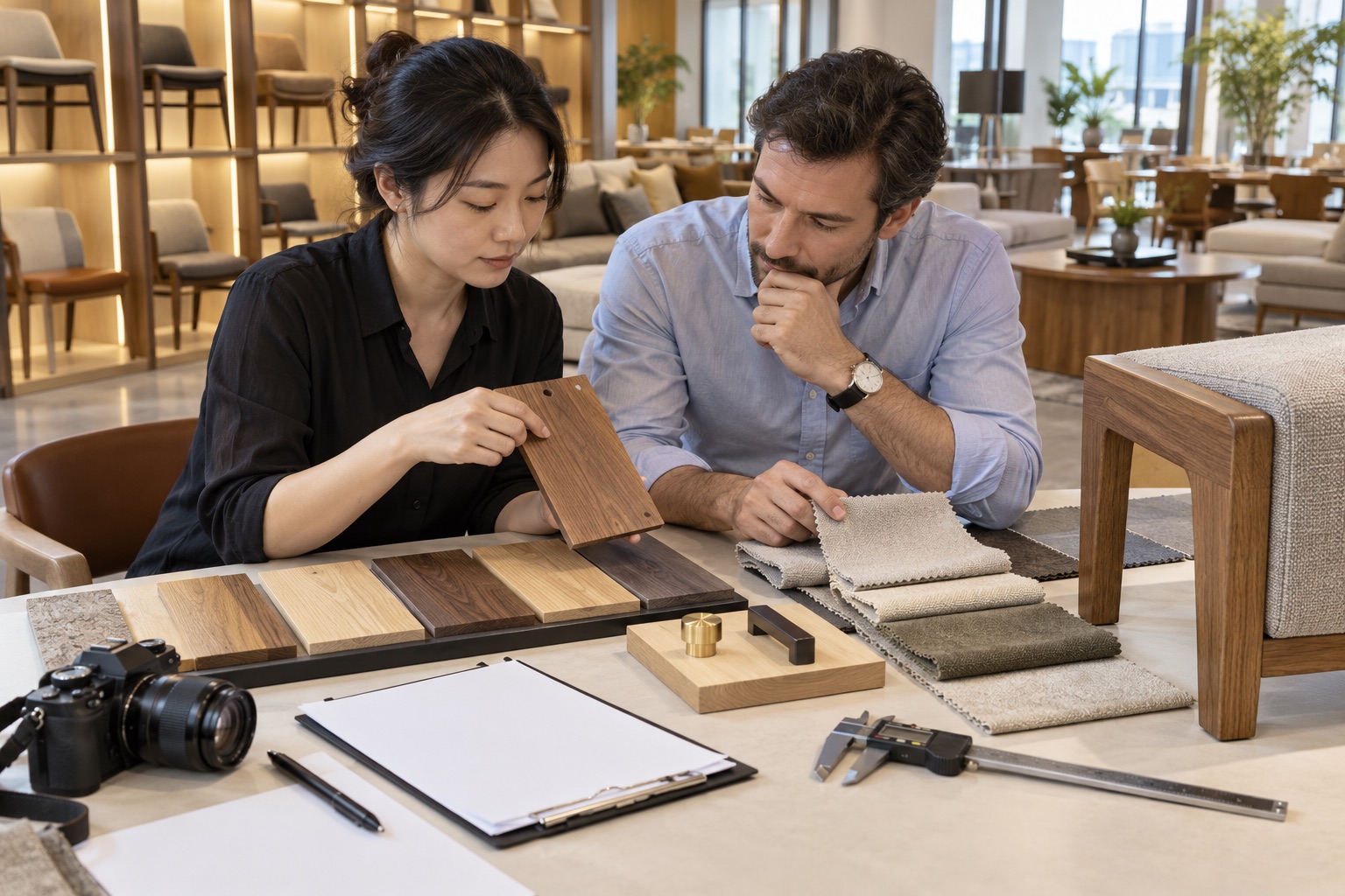Sourcing team reviewing numbered furniture finish boards, hardware samples and an approval record