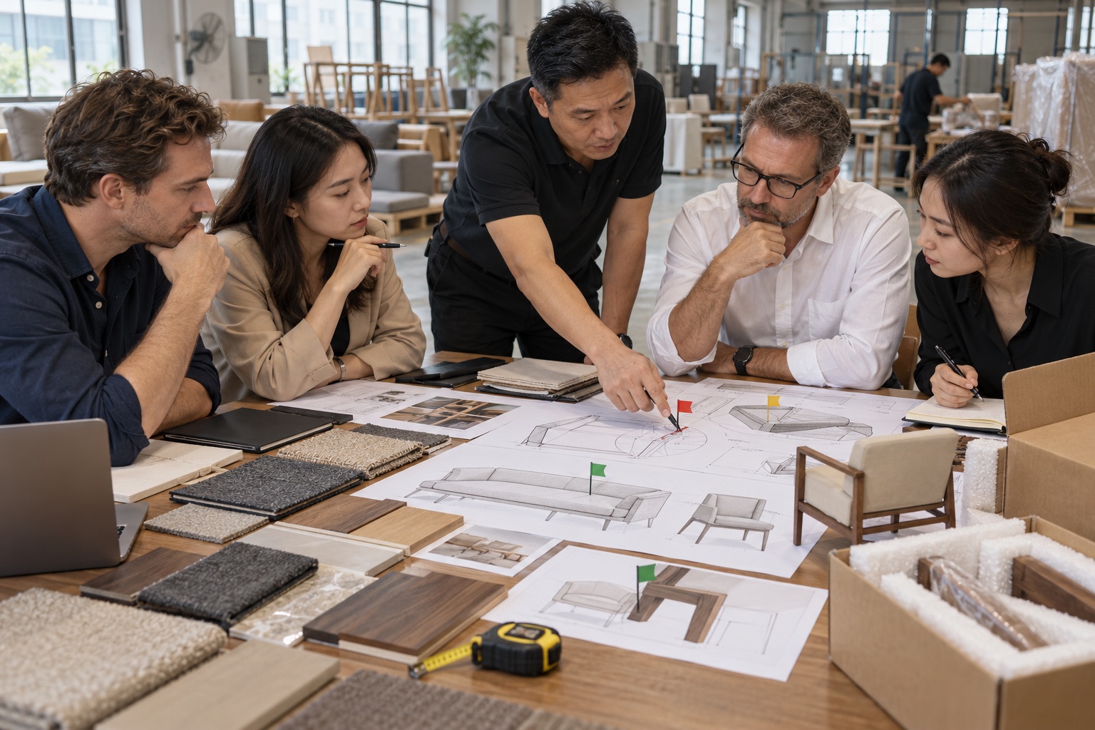 Sourcing team assessing furniture project risks, owners and response actions at a meeting table