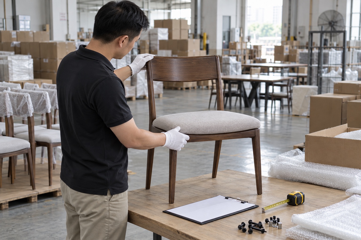 Illustrative furniture inspector checking a chair in an organised warehouse