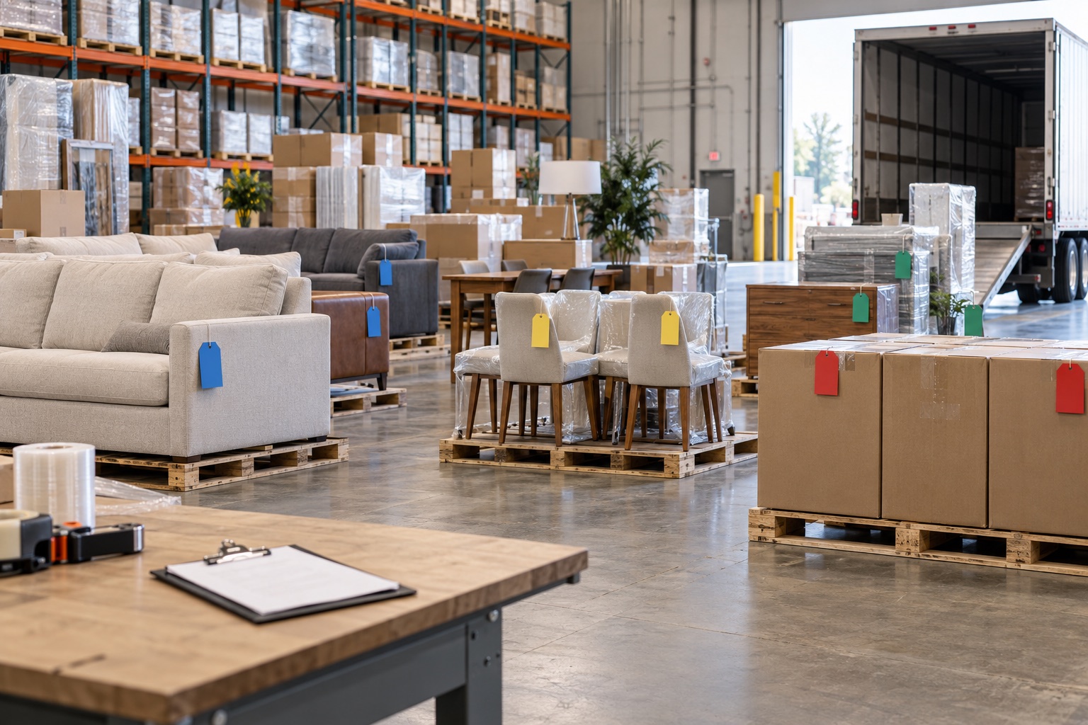 Illustrative consolidation warehouse with furniture grouped by supplier tags before shipment
