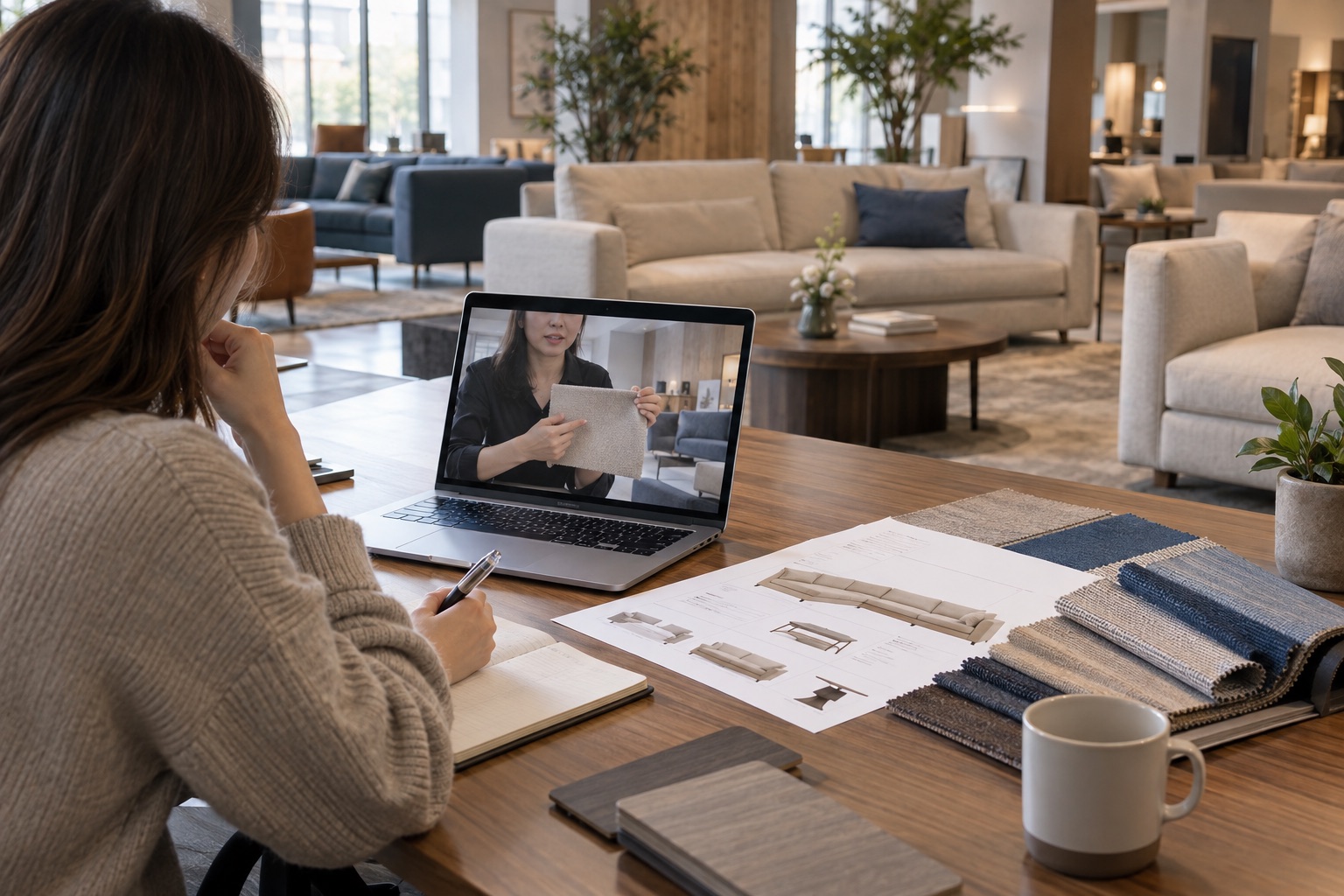 Illustrative remote video review of furniture and fabric samples in a Foshan showroom